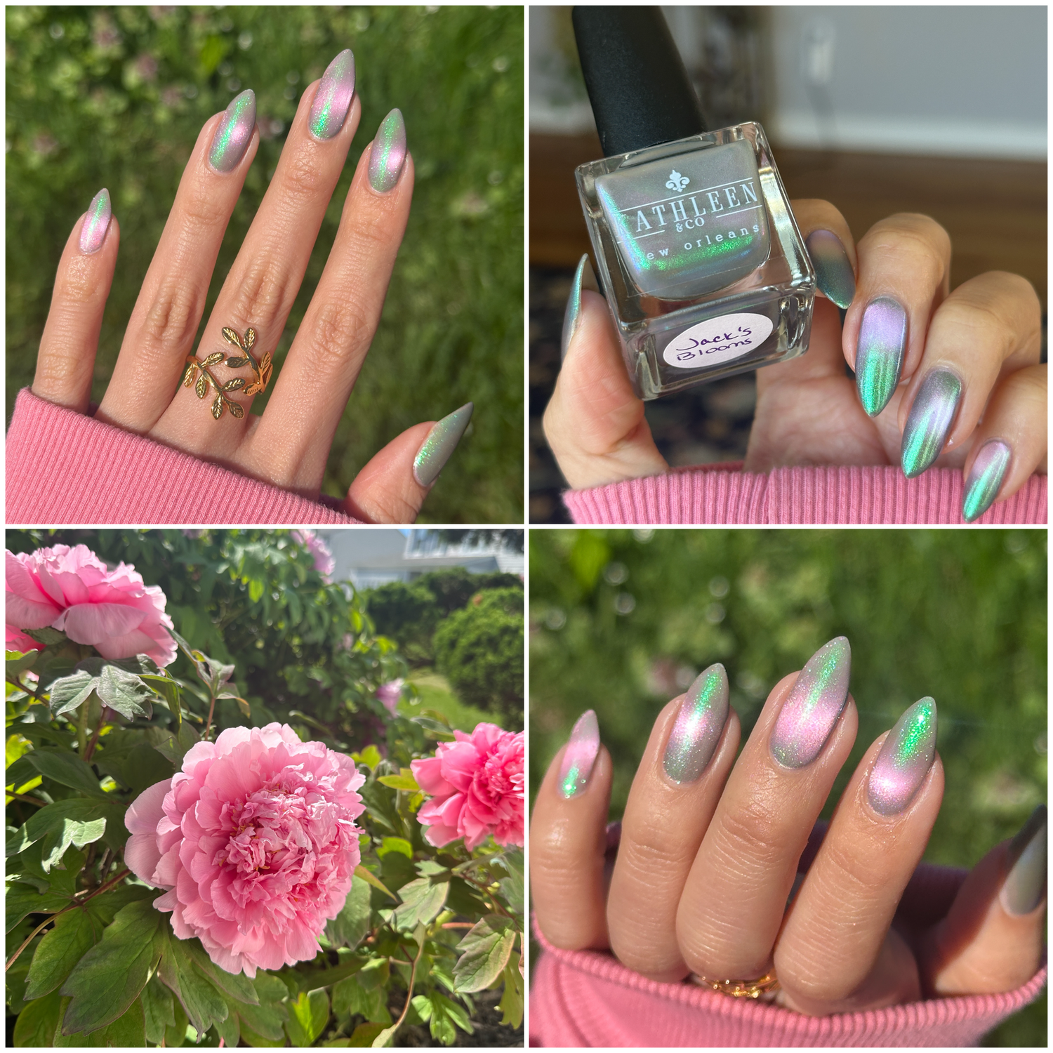 Collage of a hand with green and pink magnetic nails, a bottle of nail polish, and pink flowers.