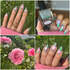 Collage of a hand with green and pink magnetic nails, a bottle of nail polish, and pink flowers.