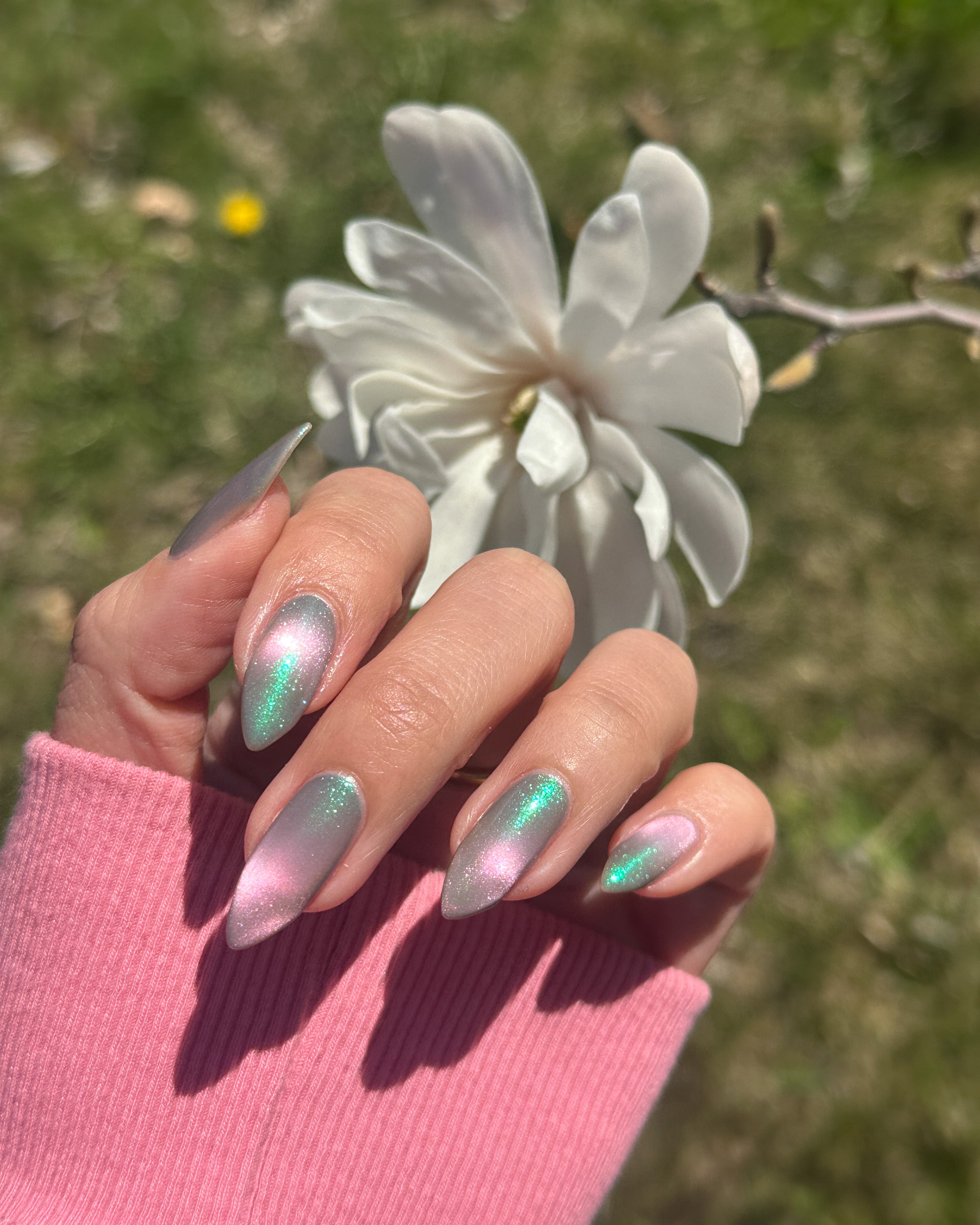 Hand with cat ey nail polish holding a white flower against a blurred green background