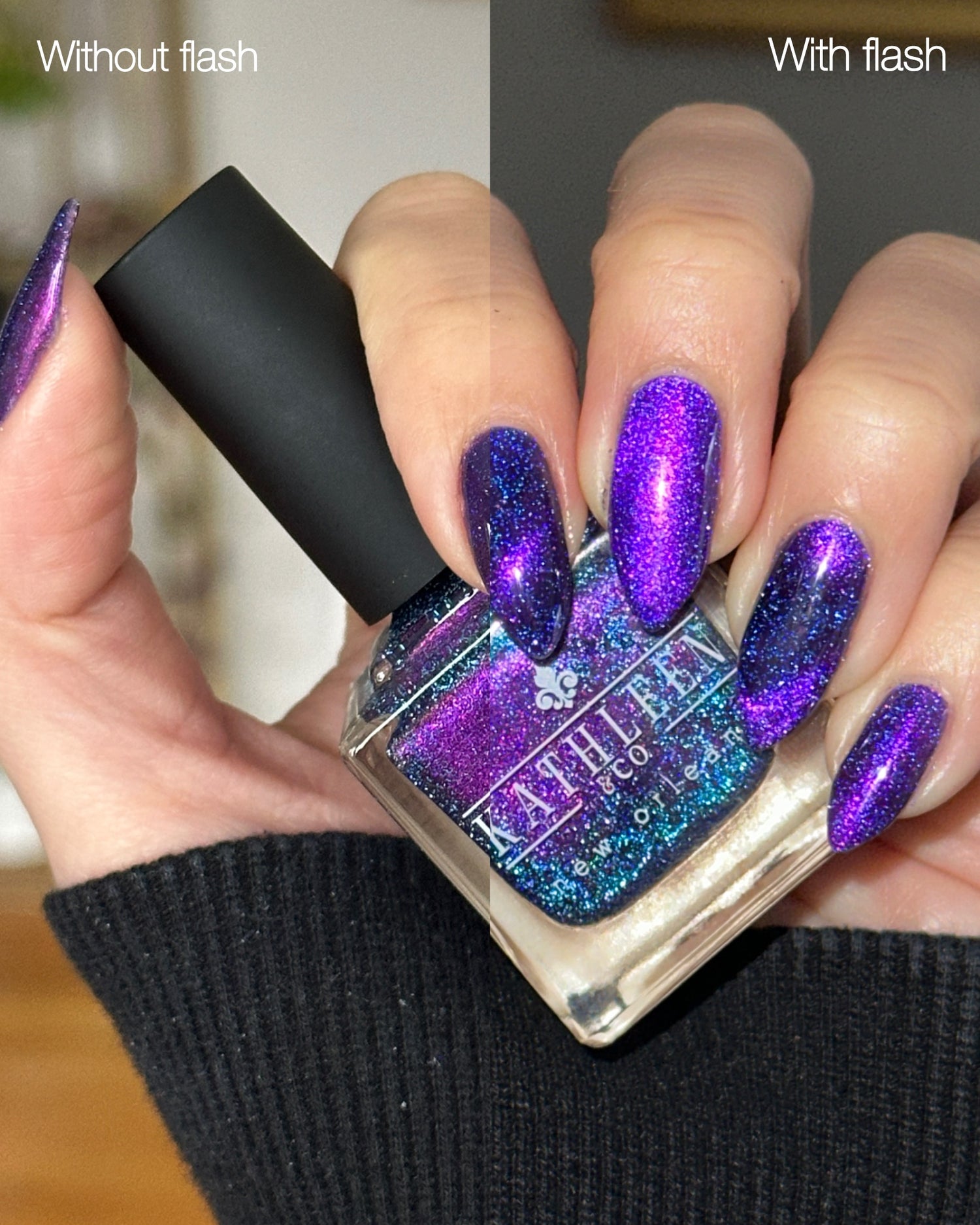 Comparison of a kathleen &amp; co bottle of glittery nail polish held by a hand with and without flash.