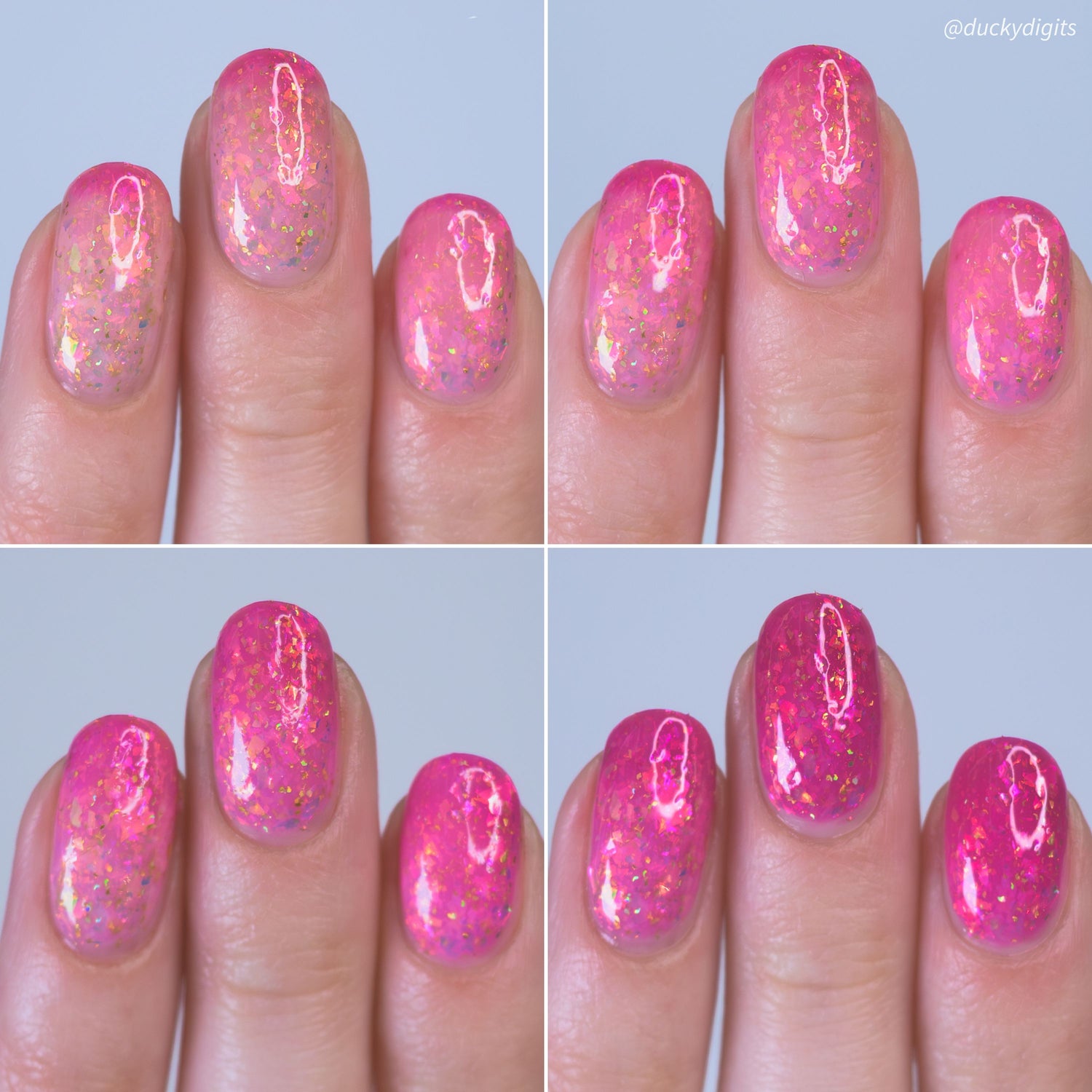 Close-up of a hand with pink thermal nail polish on a light blue background
