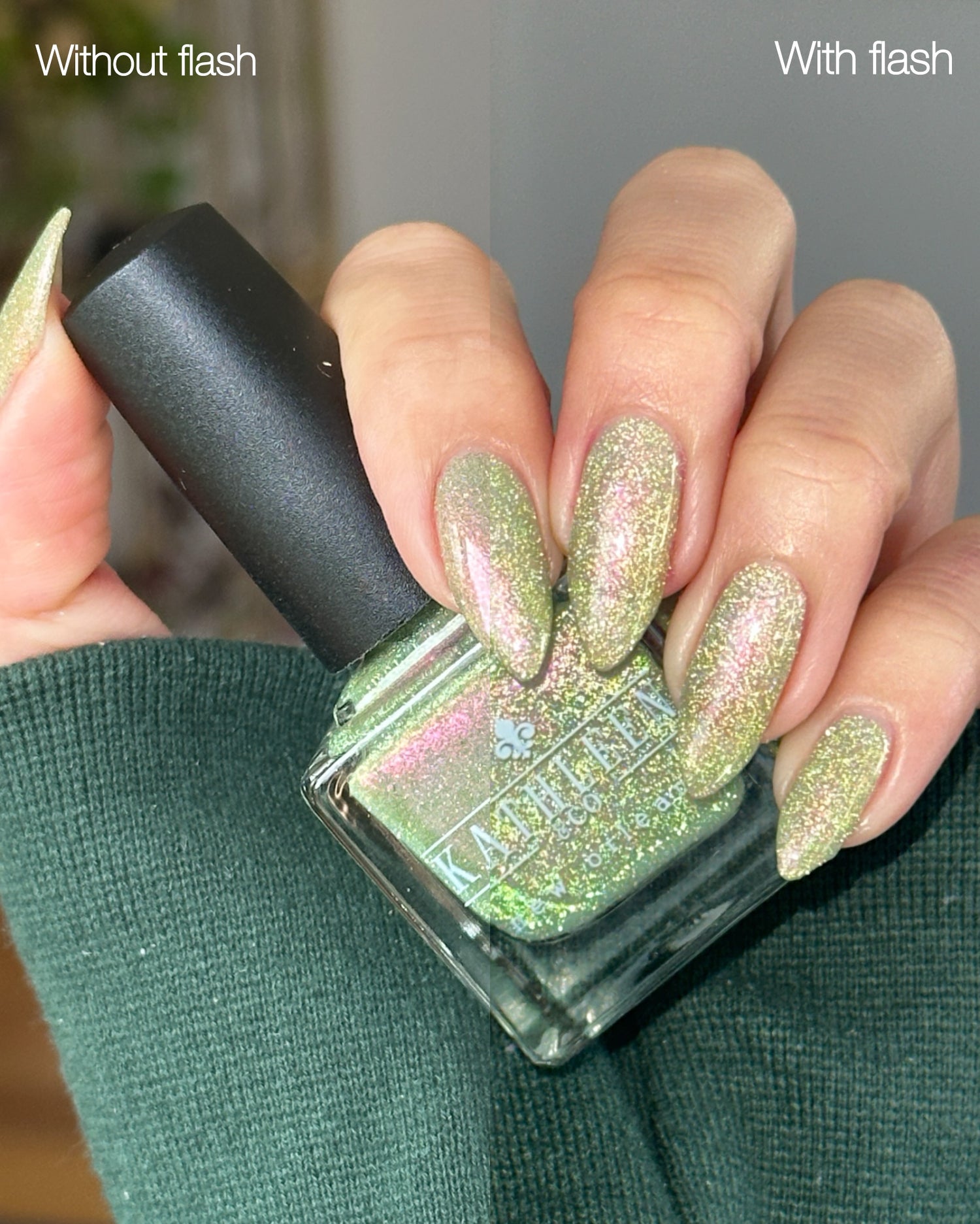Nail polish bottle held by a hand with glittery nails, comparing &